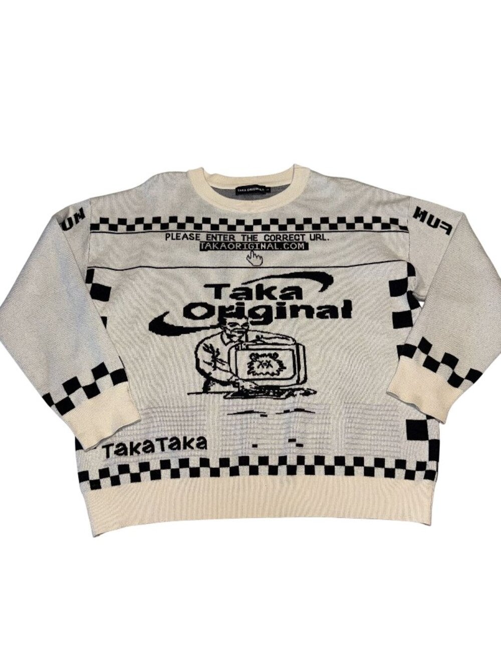 Taka Original Moody Bob Mosaic Checkboard Cream Knit Jumper Unisex Small S
